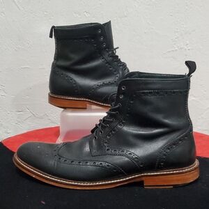 Aston Grey Leather Payton Brogue Style Boots In Black Size 10.5